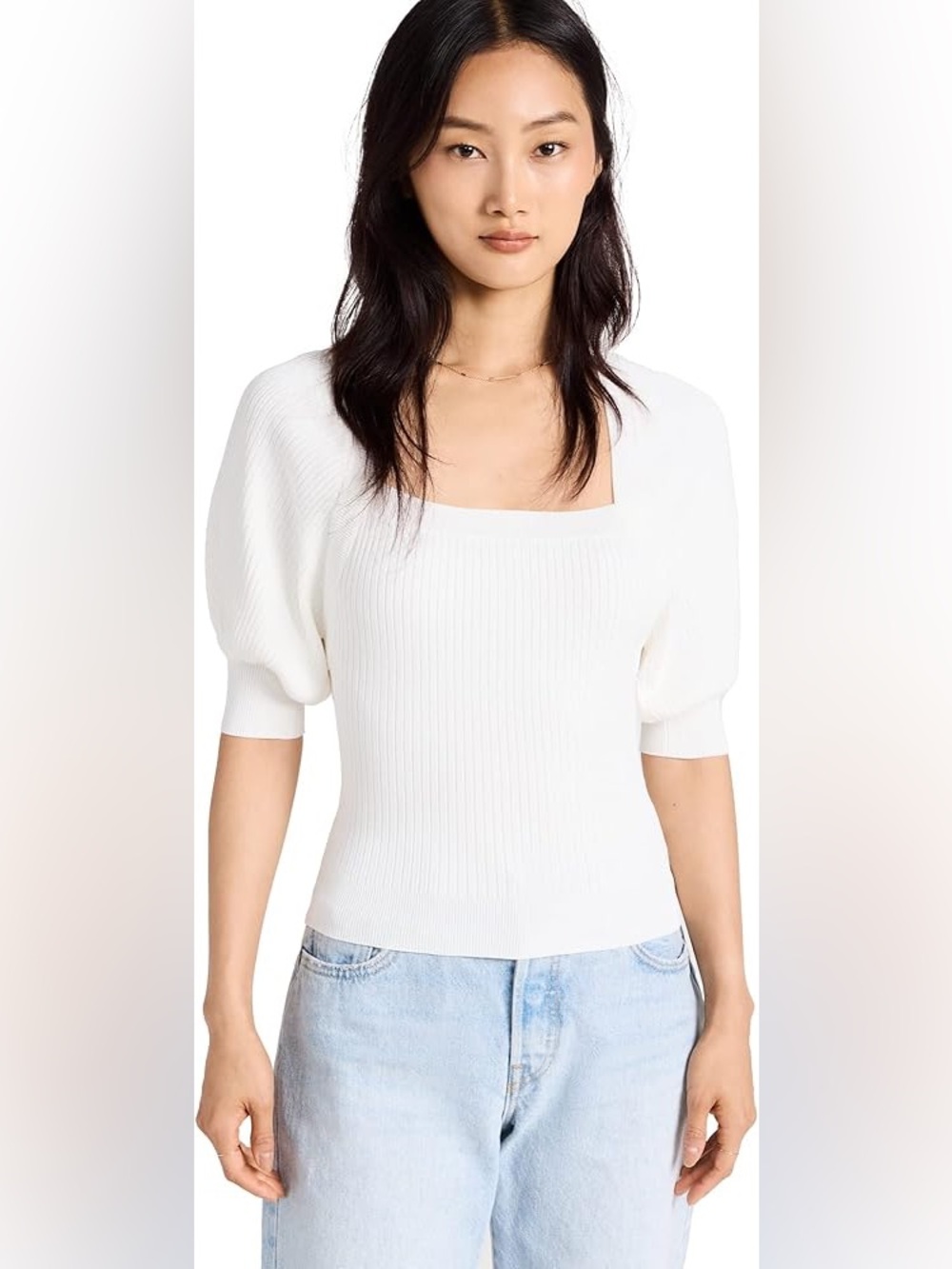 PAIGE Cream Square-Neck Ribbed Knit Top with Puff Sleeves